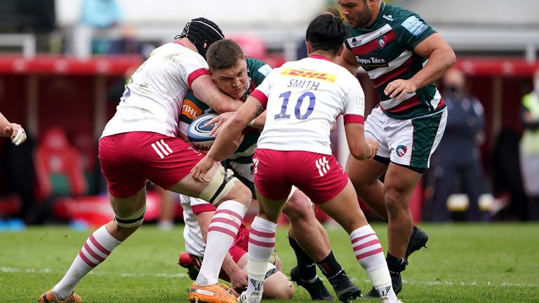 Jasper Wiese is tackled by Harlequins' Matt Symons 