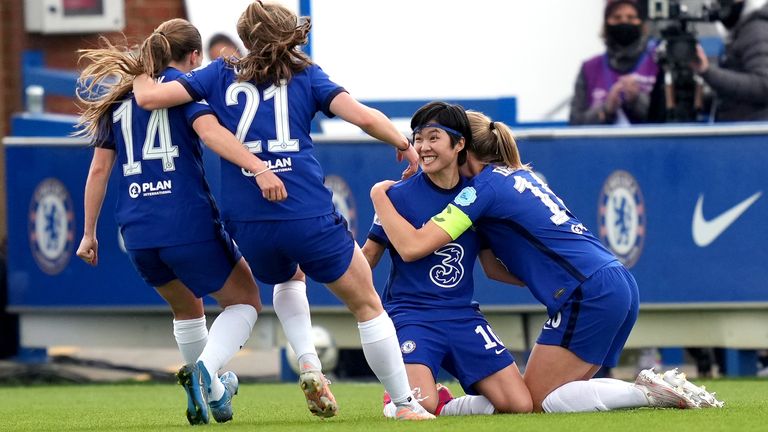 Chelsea&#39;s Ji So-yun celebrates after putting them 2-1 up against Bayern Munich