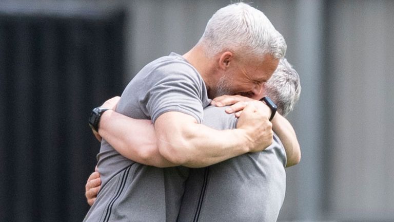 PAISLEY, SCOTLAND - MAY 16: St Mirren manager Jim Goodwin (L) and assistant Lee Sharp at full time during the Scottish Premiership match between St Mirren and Dundee Utd at the SMISA Stadium, on May 16, 2021, in Paisley, Scotland. (Photo by Mark Scates / SNS Group)