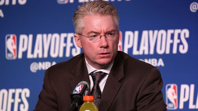 Joe Prunty of the Milwaukee Bucks talks to the media after the game against the Boston Celtics in Game Six of the Round One of the 2018 NBA Playoffs  (Copyright 2018 NBAE (Photo by Gary Dineen/NBAE via Getty Images)
