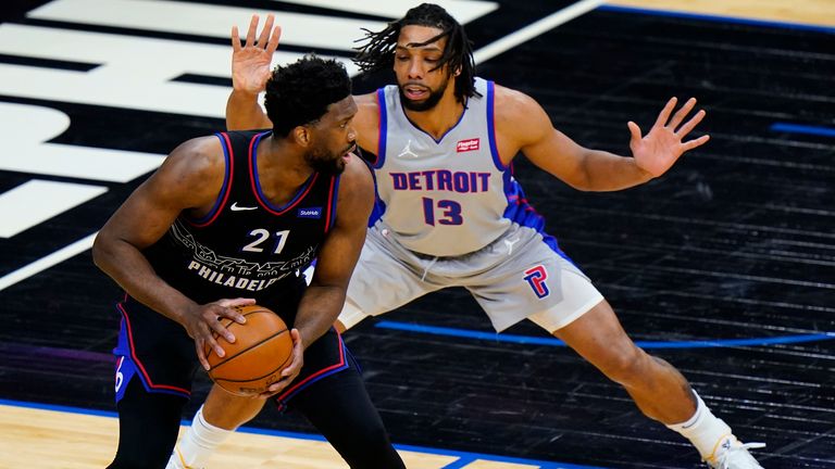 Philadelphia 76ers&#39; Joel Embiid ,left, tries to get around Detroit Pistons&#39; Jahlil Okafor during the first half of an NBA basketball game, Saturday, May 8, 2021, in Philadelphia.