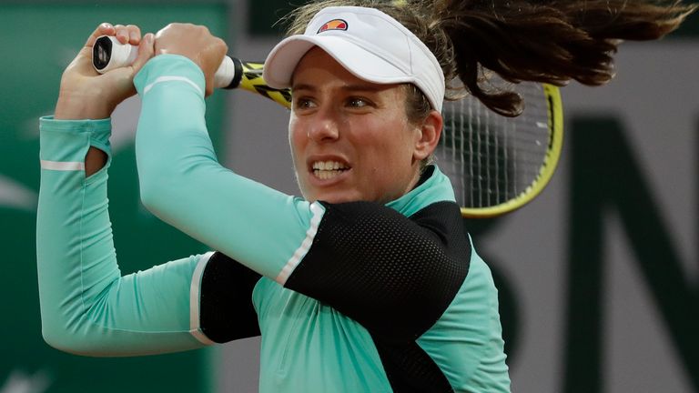 Johanna Konta plays a shot against Cori Gauff of the U.S. in the first round match of the French Open tennis tournament at the Roland Garros stadium in Paris, France, Sunday, Sept. 27, 2020. (AP Photo/Alessandra Tarantino)