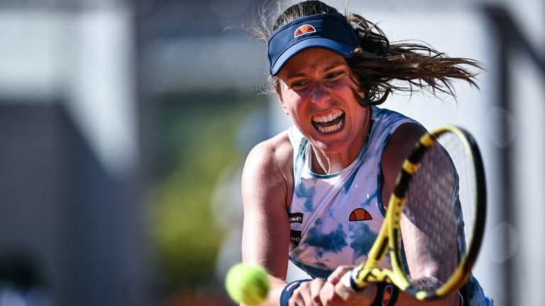 Britain's Johanna Konta returns the ball to Romania's Sorana Cirstea during their women's singles first round tennis match at the Court 6 on Day 2 of The Roland Garros 2021 French Open tennis tournament in Paris on May 31, 2021. (Photo by Anne-Christine POUJOULAT / AFP) (Photo by ANNE-CHRISTINE POUJOULAT/AFP via Getty Images)