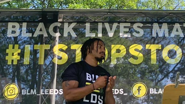Jon Magrin spoke on stage at a Black Lives Matter protest in Leeds last June