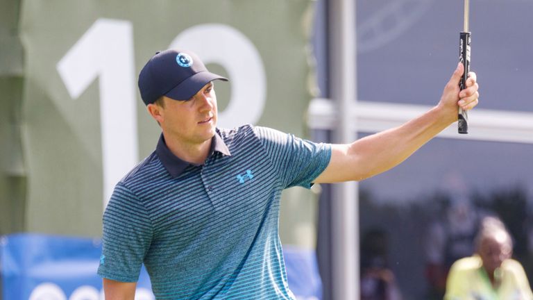 Jordan Spieth reacts as he watches his eagle putt drop on the 18th during the third round of the AT&T Byron Nelson