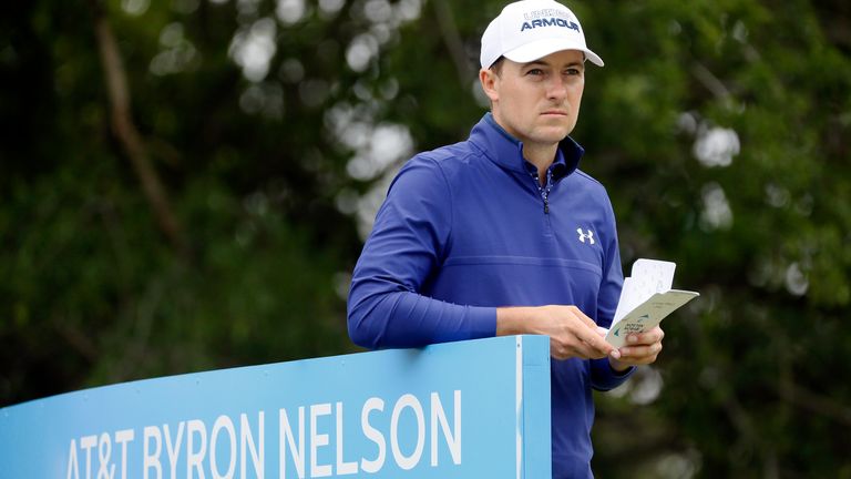 Jordan Spieth waits to play his shot from the second tee during the final round of the AT&T Byron Nelson golf tournament in McKinney, Texas, Sunday, May 16, 2021. (AP Photo/Ray Carlin)