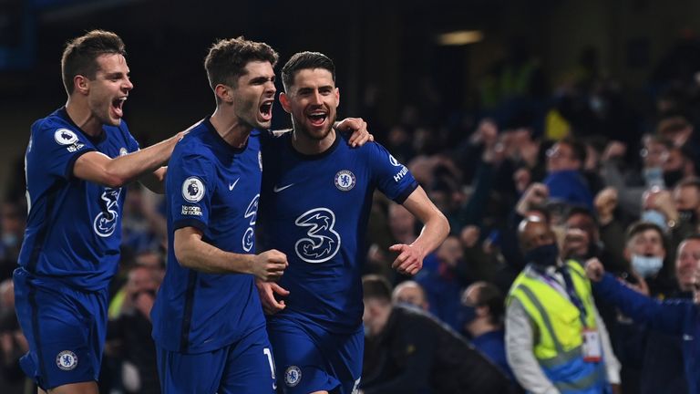 Jorginho celebrates after his penalty puts Chelsea 2-0 up on the night (AP)