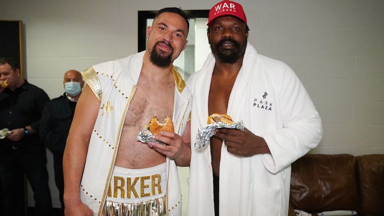 *** FREE FOR EDITORIAL USE ***.Derek Chisora vs Joseph Parker, Heavyweight Contest..2 May 2021.Picture By Dave Thompson Matchroom Boxing..The fighters enjoy conversation and burgers after their contest. 