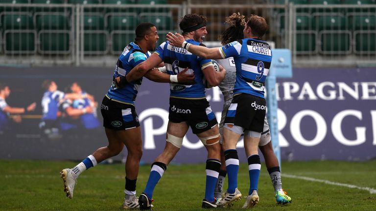 Bath Rugby's Josh Bayliss celebrates scoring