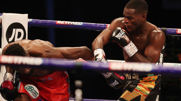 *** FREE FOR EDITORIAL USE ***.Joshua Buatsi and Daniel Blenda Dos Santos, WBA International Light-Heavyweight Title, AO Arena, Machester..15 May 2021.Picture By Mark Robinson Matchroom Boxing..