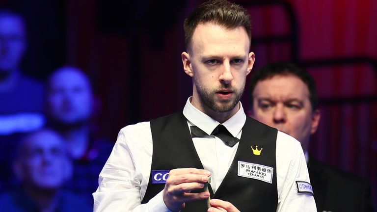 Judd Trump of England considers a shot to Stephen Maguire of Scotland at the semifinal of 2020 Players Championship in Southport, the United Kingdom, 28 February 2020. Judd Trump of England defeated Stephen Maguire of Scotland with 6-5. (Imaginechina via AP Images)
