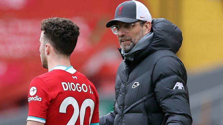 Liverpool v Fulham - Premier League - Anfield
Liverpool manager Jurgen Klopp and Diogo Jota during the Premier League match at Anfield, Liverpool. Picture date: Sunday March 7, 2021.