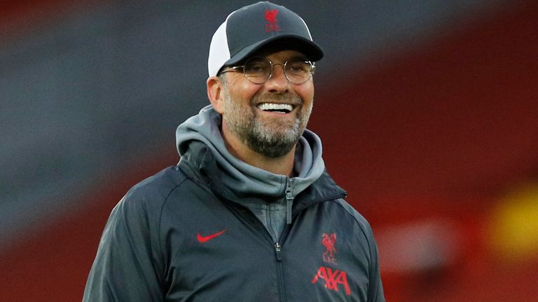 Jurgen Klopp, Manager of Liverpool reacts during the warm up prior to the Premier League match between Liverpool and Southampton at Anfield on May 08, 2021 in Liverpool, England. 