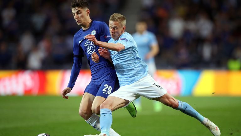 Kai Havertz and Oleksandr Zinchenko in action during the Champions League final between Chelsea and Manchester City