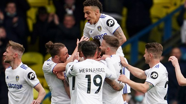 Leeds players celebrate after Kalvin Phillips scores their second (AP)