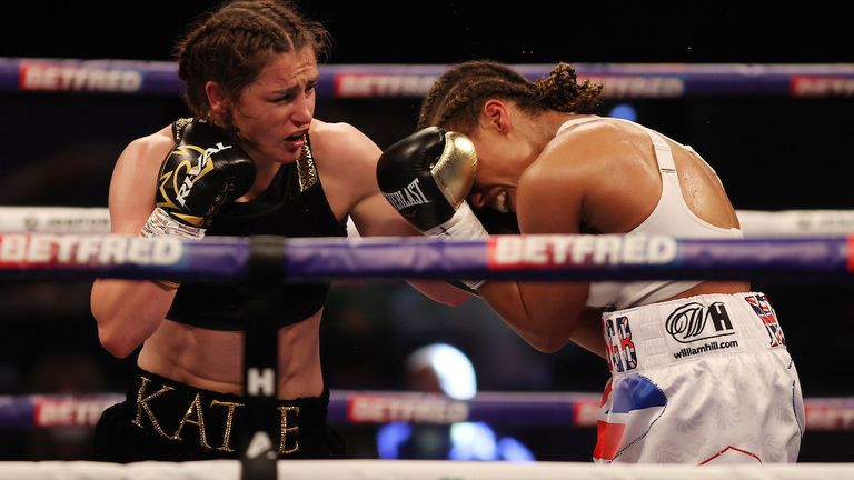 *** FREE FOR EDITORIAL USE ***.Katie Taylor vs Natasha Jonas, WBC, WBA, IBF and WBO Female Lightweight Title Fight..1 May 2021.Picture By Mark Robinson Matchroom Boxing