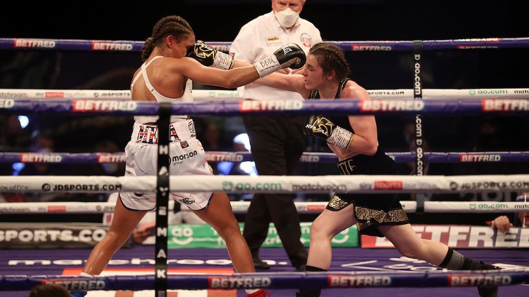 *** FREE FOR EDITORIAL USE ***.Katie Taylor vs Natasha Jonas, WBC, WBA, IBF and WBO Female Lightweight Title Fight..1 May 2021.Picture By Mark Robinson Matchroom Boxing