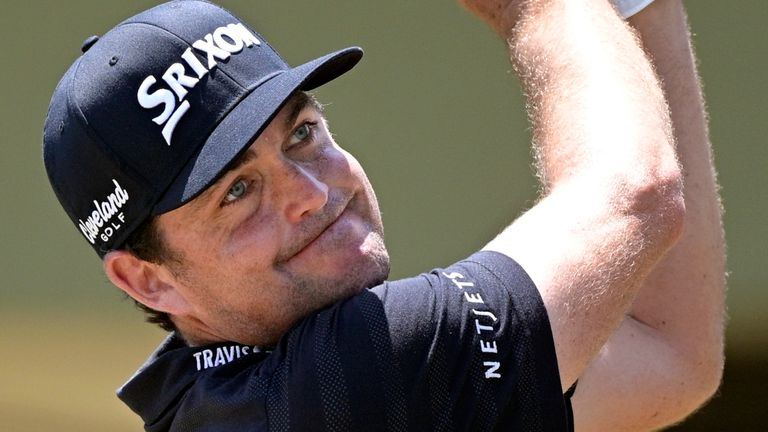Keegan Bradley tees off on the second hole during the final round of the Valspar Championship golf tournament, Sunday, May 2, 2021, in Palm Harbor, Fla. (AP Photo/Phelan M. Ebenhack)