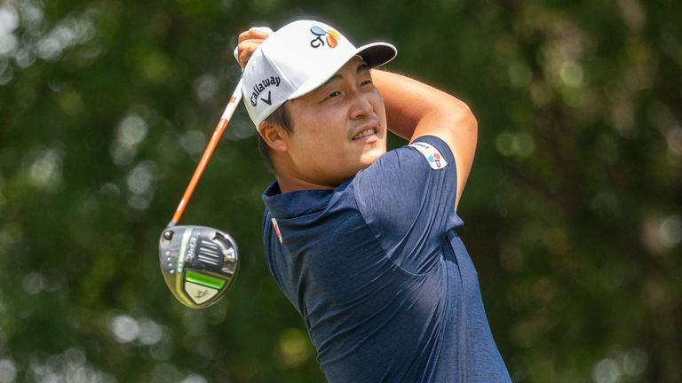 KH Lee hits his tee shot on the second during the third round of the AT&T Byron Nelson