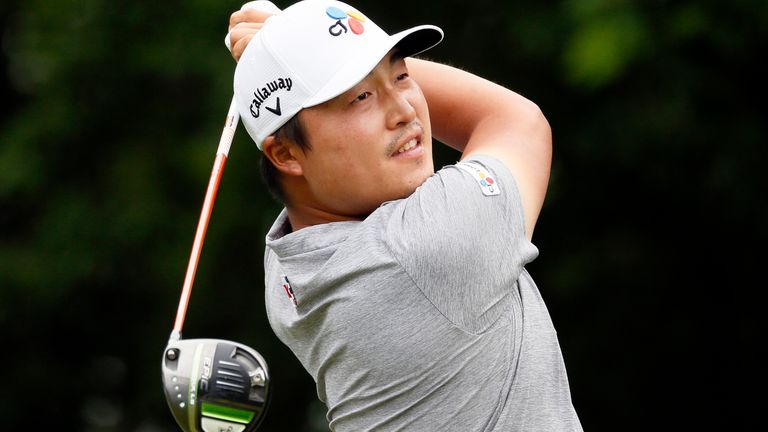 K.H. Lee, of South Korea, plays his shot from the second tee during the final round of the AT&T Byron Nelson golf tournament in McKinney, Texas, Sunday, May 16, 2021. (AP Photo/Ray Carlin)