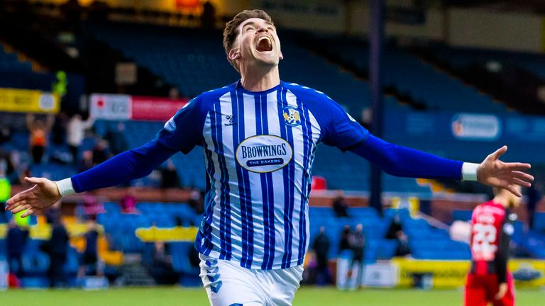 Kyle Lafferty celebrates after scoring to make it 2-0 during the Scottish Premiership match between Kilmarnock and St Mirren at the BBSP Stadium Rugby Park