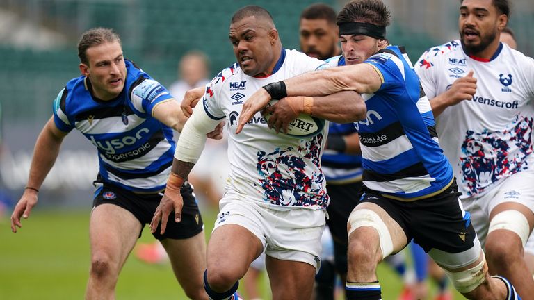 Bath Rugby v Bristol Bears - Gallagher Premiership - Recreation Ground
Bristol Bears' Kyle Sinckler (centre) tackled by Bath Rugby's Josh Bayliss (right) during the Gallagher Premiership match at the Recreation Ground, Bath. Picture date: Saturday May 8, 2021.