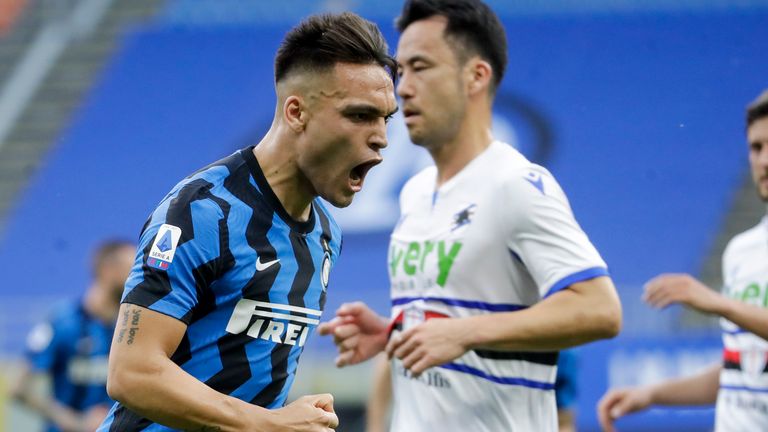 Inter Milan&#39;s Lautaro Martinez celebrates after he scored his side&#39;s fifth