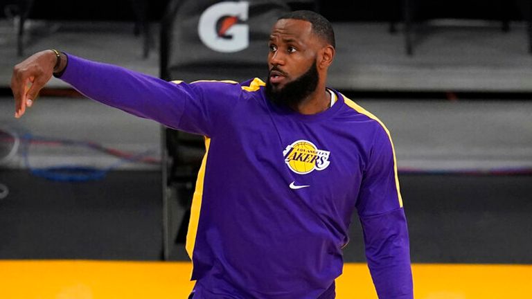 Los Angeles Lakers&#39; LeBron James warms up before the team&#39;s NBA basketball game against the Sacramento Kings on Friday, April 30, 2021, in Los Angeles. (AP Photo/Marcio Jose Sanchez)