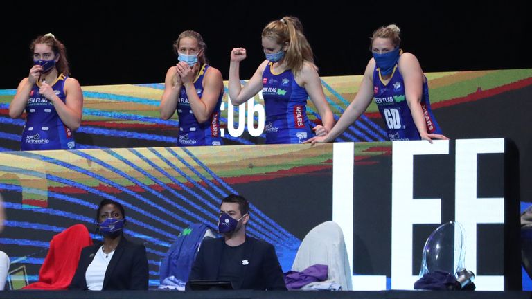 Leeds Rhinos Netball's bench supporting the seven on court (Image Credit - Morgan Harlow)