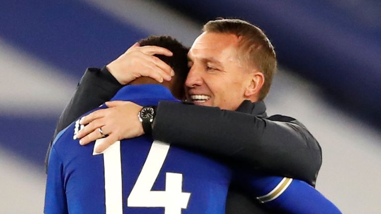 Leicester boss Brendan Rodgers embraces Kelechi Iheanacho
