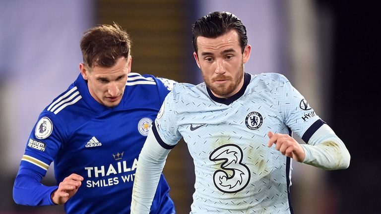 Chelsea's Ben Chilwell takes on Leicester midfielder Marc Albrighton