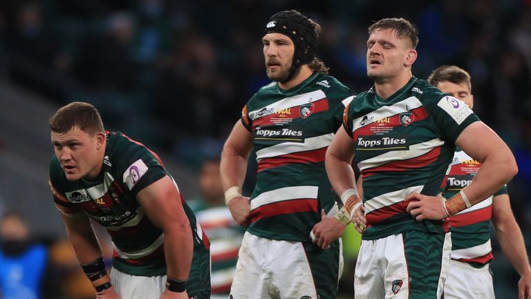 Leicester Tigers v Montpellier - European Rugby Challenge Cup - Final - Twickenham Stadium
Leicester Tigers players appear dejected during the European Rugby Challenge Cup Final match at Twickenham Stadium, London. Picture date: Friday May 21, 2021.