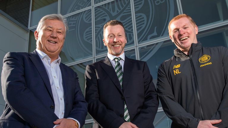 GLASGOW, SCOTLAND - OCTOBER 16: Celtic's new Head of Recruitment Nick Hammond is pictured alongside Chief Executive Peter Lawwell (L) and manager Neil Lennon at Lennoxtown, on October 16, in Glasgow, Scotland. (Photo by Ross Parker / SNS Group)..