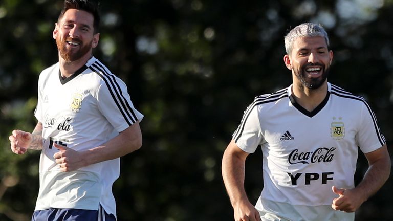 Lionel Messi and Sergio Aguero during an Argentina training session in 2019