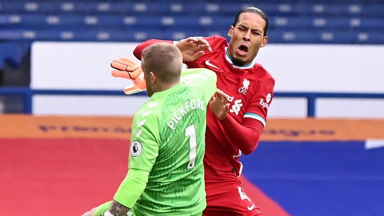 Liverpool's Virgil van Dijk was injured during a collision with Everton goalkeeper Jordan Pickford back in October