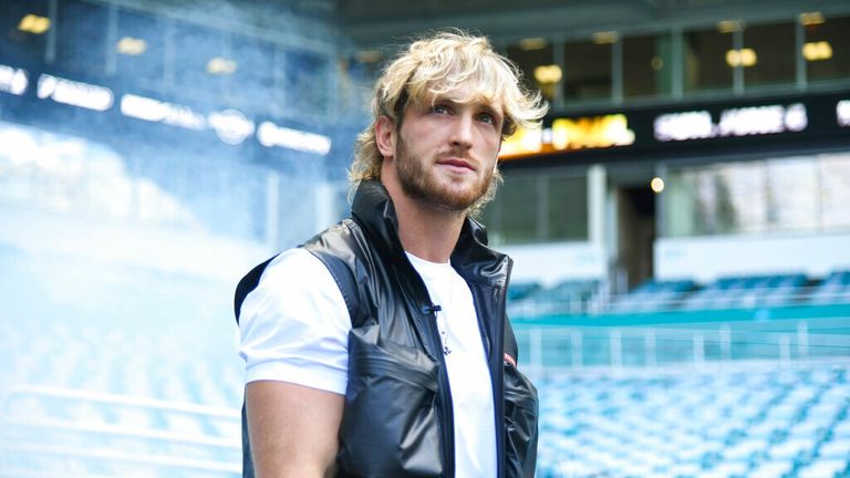 Media personality Logan Paul during a media face-off event on Thursday, May 6, 2021 in Miami Gardens, Fla. (Carlos Goldman/Miami Dolphins via AP)