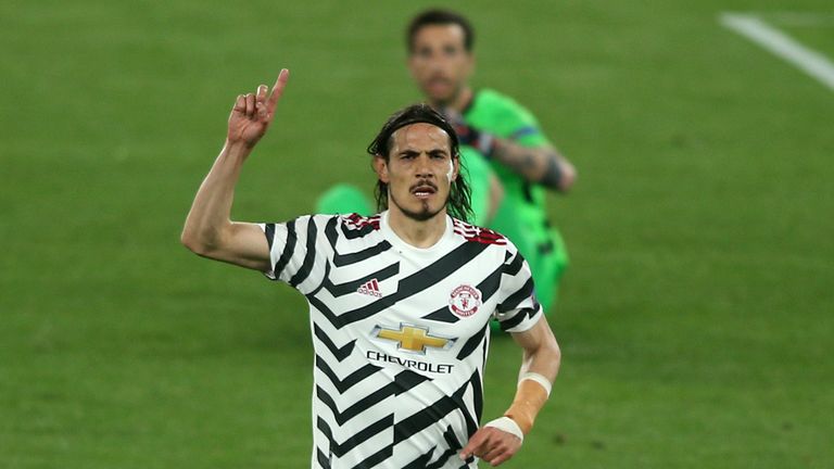 Manchester United's Edinson Cavani celebrates scoring the first goal against Roma