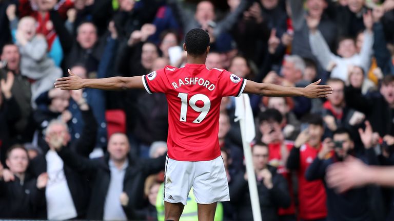 March 10, 2018 - Manchester, United Kingdom - Marcus Rashford of Manchester United celebrates his and Utd&#39;&#39;s second goal during the Premier League match at the Old Trafford Stadium, Manchester
