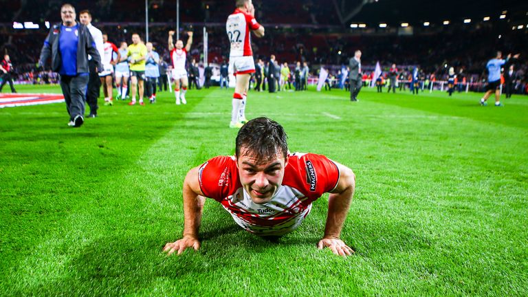 Picture by Alex Whitehead/SWpix.com - 11/10/2014 - Rugby League - First Utility Super League Grand Final - St Helens v Wigan Warriors - Old Trafford, Manchester, England - St Helens' Mark Flanagan celebrates.