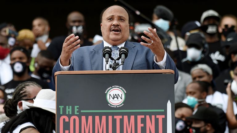 Martin Luther King III speaks at the Lincoln Memorial during the"Commitment March: Get Your Knee Off Our Necks" on August 28, 2020, in Washington DC.