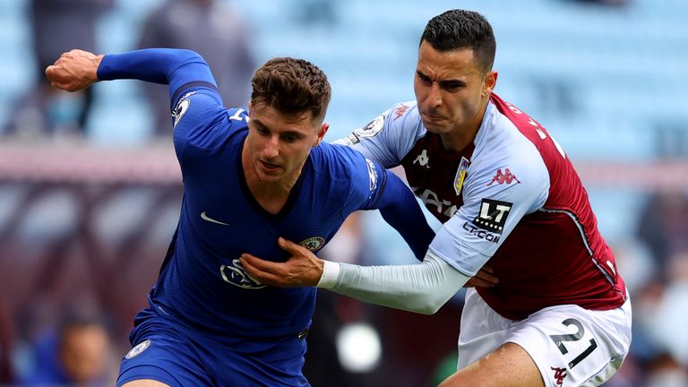 Chelsea's Mason Mount, left, and Aston Villa's Anwar El Ghazi vie for the ball (AP)