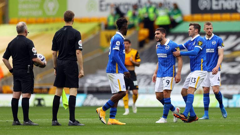 Neal Maupay is sent off after the final whistle for remonstrating with ref Jon Moss