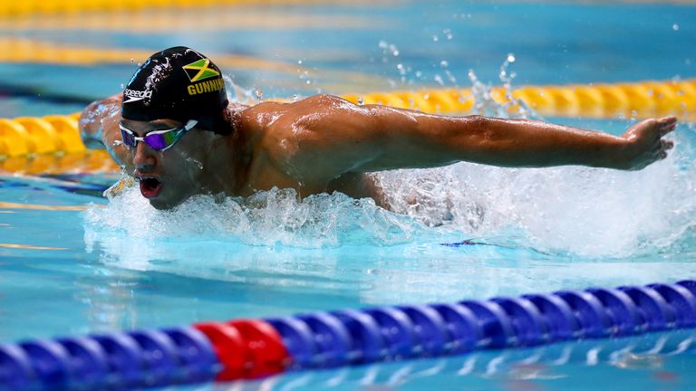 MANCHESTER, ENGLAND - MARCH 13: Michael Gunning of Jamaica competes in the Men's 200m Butterfly heats on day two of the British Swimming Invitation Meet at the Manchester Aquatics Centre on March 13, 2021 in Manchester, England. (Photo by Clive Rose/Getty Images)