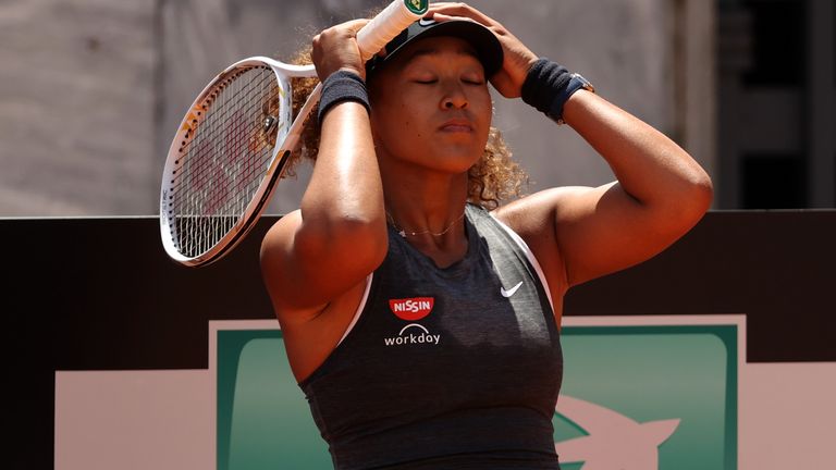 Naomi Osaka of Japan looks dejected on day 5 of the the Internazionali BNL d’Italia match between Naomi Osaka of Japan and Jessica Pegula of USA at Foro Italico on May 12, 2021 in Rome, Italy. Sporting stadiums around Italy remain under strict restrictions due to the Coronavirus Pandemic as Government social distancing laws prohibit fans inside venues resulting in games being played behind closed doors. (Photo by Clive Brunskill/Getty Images)