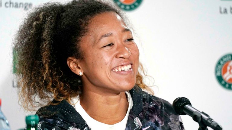 Naomi Osaka of Japan attends a press conference in Paris on May 24, 2019, ahead of the French Open tennis tournament starting two days later. (Kyodo via AP Images)