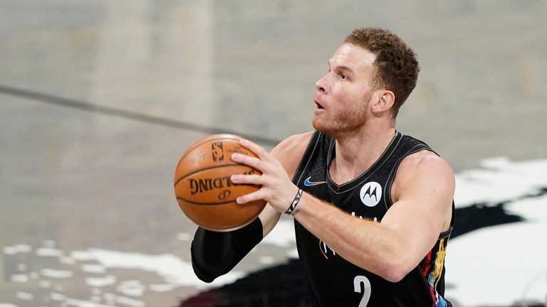 Brooklyn Nets&#39; Blake Griffin (2) during the first half of an NBA basketball game against the Cleveland Cavaliers Sunday, May 16, 2021, in New York. (AP Photo/Frank Franklin II)


