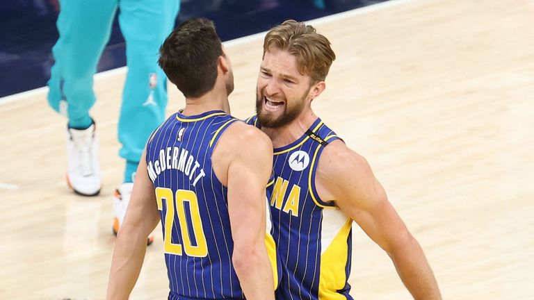 Doug McDermott and Domantas Sabonis celebrate against the Charlotte Hornets