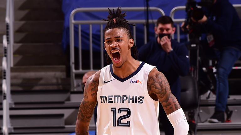SAN FRANCISCO, CA - MAY 21: Ja Morant #12 of the Memphis Grizzlies celebrates during the 2021 NBA Play-In Tournament on May 21, 2021 at Chase Center in San Francisco, California. NOTE TO USER: User expressly acknowledges and agrees that, by downloading and or using this photograph, user is consenting to the terms and conditions of Getty Images License Agreement. Mandatory Copyright Notice: Copyright 2021 NBAE (Photo by Noah Graham/NBAE via Getty Images)