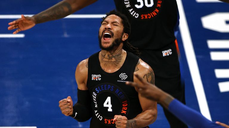 New York Knicks&#39; Derrick Rose celebrates late in the fourth quarter against the Atlanta Hawks in Game 2 in an NBA basketball first-round playoff series Wednesday, May 26, 2021, in New York. The Knicks won 101-92.(Elsa/Pool Photo via AP)


