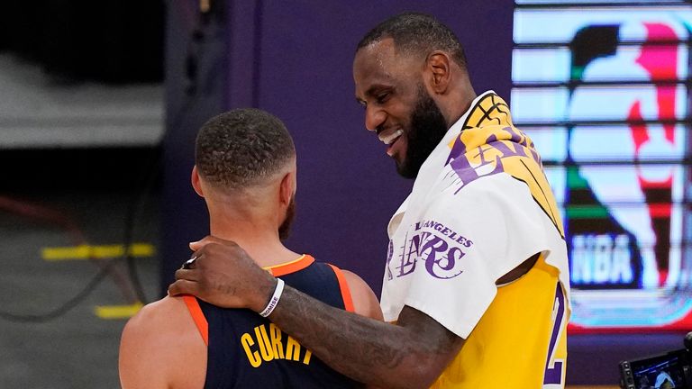 The two former MVPs shared a moment after the Los Angeles Lakers' narrow 103-100 win over the Golden State Warriors.
